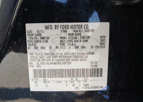 2013 Lincoln Mkx from USA, damaged, VIN 2LMDJ6JK4DBL05720